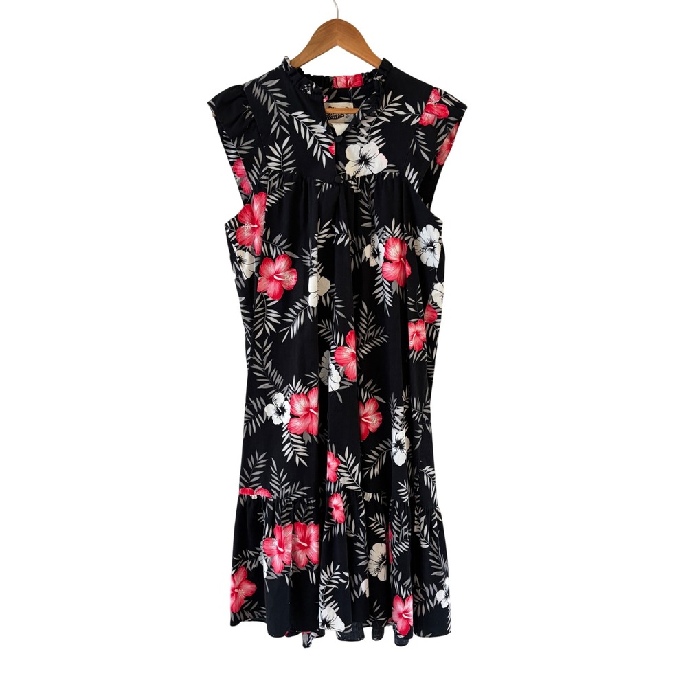 Vtg Hilo Hatties Muumuu Dress Womens L Black Pink Floral Ruffle Tiered‎ Hawaii